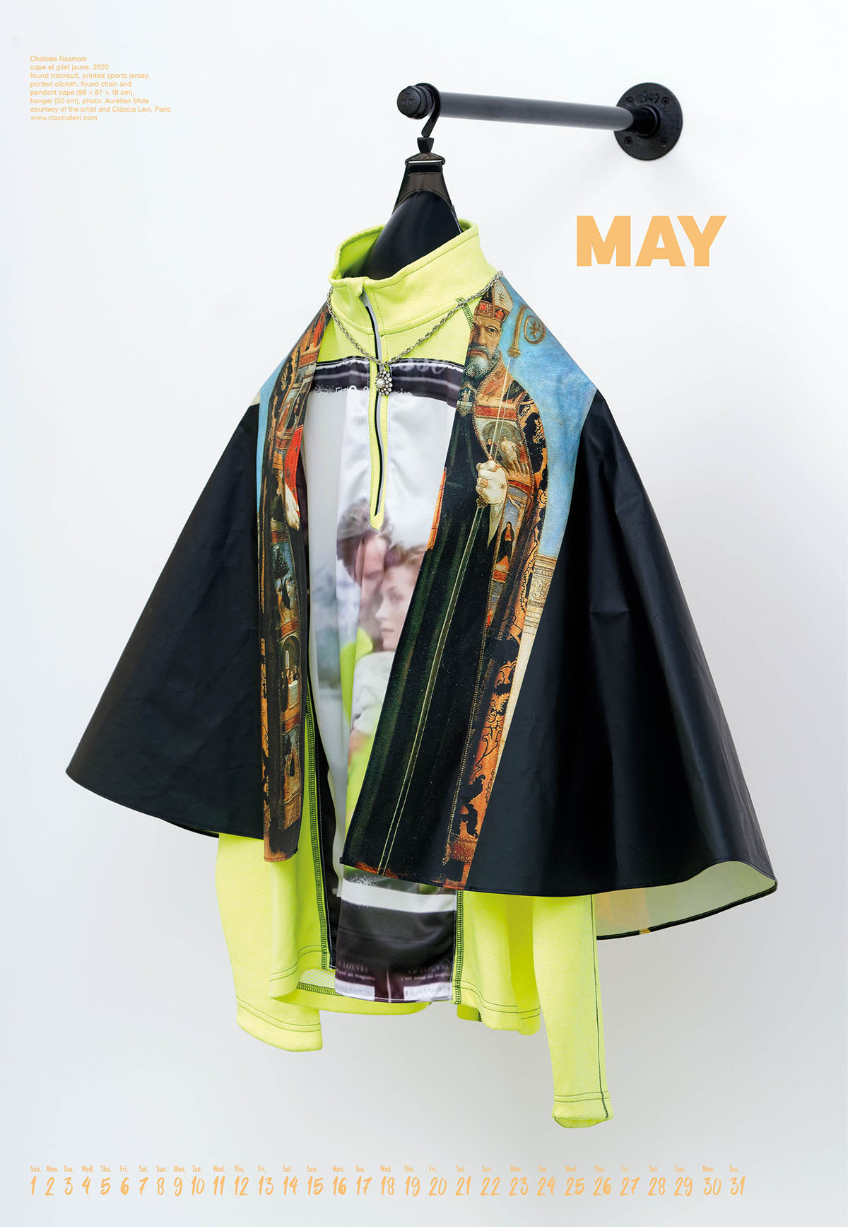 Chalisée Naamani, cape et gilet jaune, 2020 found tracksuit, printed sports jersey, printed oilcloth, found chain and pendant cape (98 × 87 × 18 cm), hanger (50 cm), photo: Aurélien Mole courtesy of the Artist and Ciaccia Levi | Calendar Photographer: Daniel Lichterwaldt