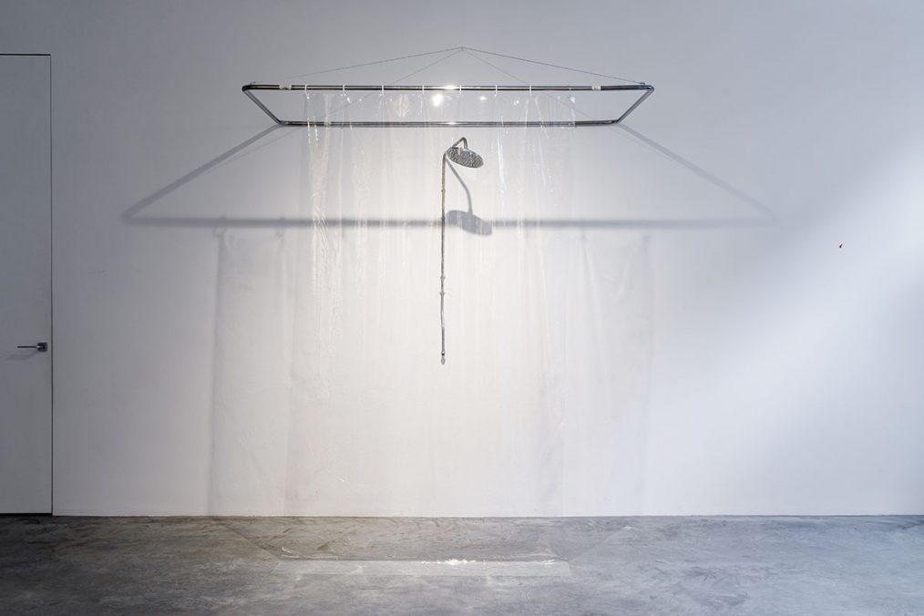 Object from the installation „I have already been here“, 2020 Shower, metal, PVC 235x200x95 cm