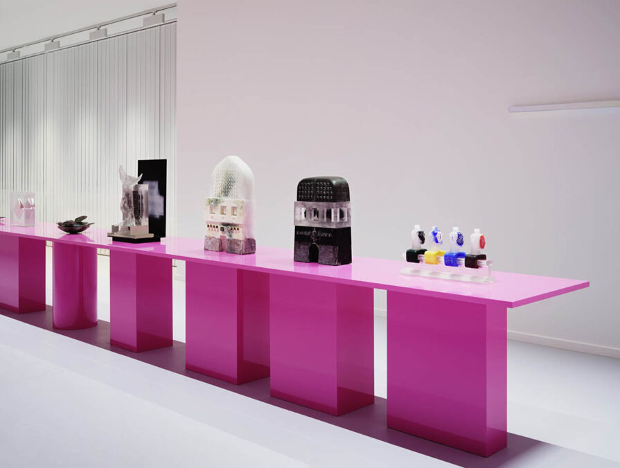 Exhibition view Future Horizons. Glass in Contemporary Art, Alexander Tutsek-Stiftung, Munich, BlackBox FirstFloor, featuring works by Guan Donghai, Antoine Leperlier, Shima Koike, and Neringa Vasiliauskaite © VG Bild-Kunst, Bonn 2025, Photo: NOSHE