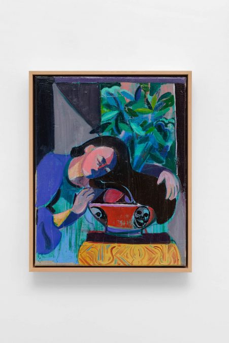 Amber Andrews, Hung Over Her Sweet Basil Evermore, 2020. Oil on linen, in artist's wooden frame, 53 × 43 × 6 cm (20 7/8 × 16 7/8 × 2 3/8 inches). Photo: Aurélien Mole. Courtesy Amber Andrews and Ciaccia Levi, Paris