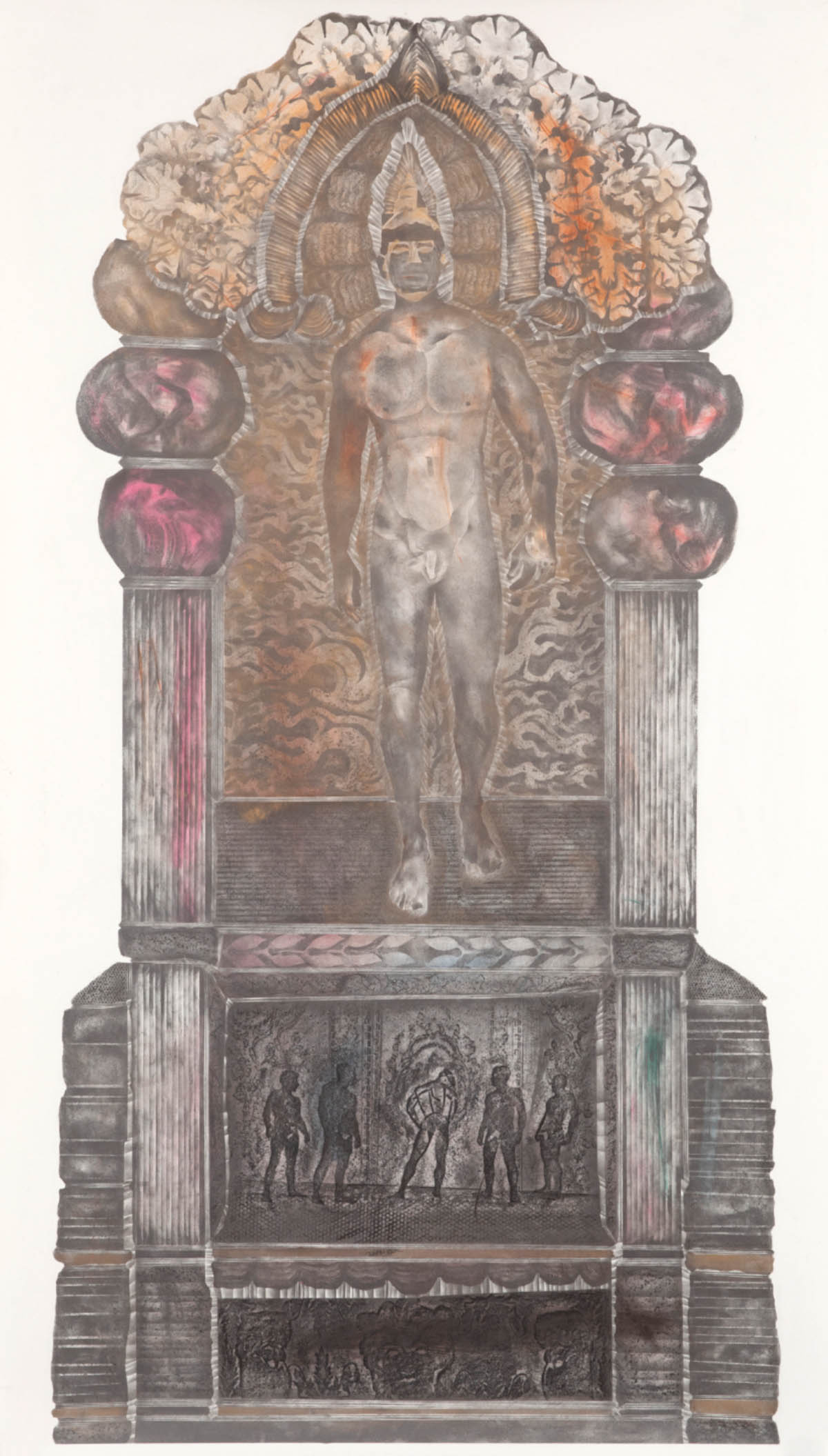 Andreas Werner, the pendulum of desire I, 2026, Graphit, Bleistift, Pigment und Goldstaub auf Papier, 175 × 100 cm