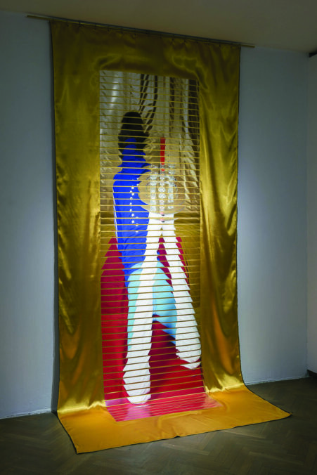 ALA SAVASHEVICH, Two portraits, 2022, textile, print glued on fabric, brass tube. Courtesy: East Contemporary 300x150 cm