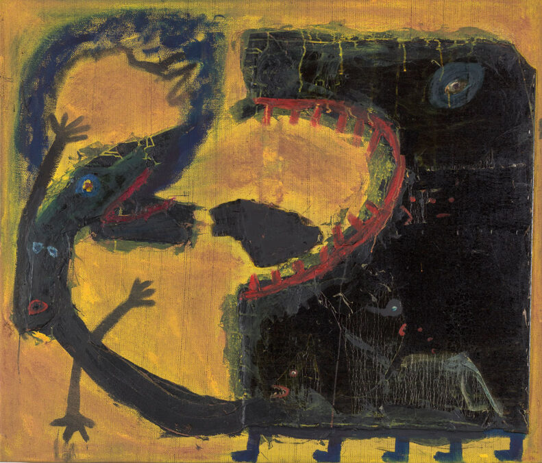 Volkmar Schulz-Rumpold Der nimmersatte Laufofen undatiert Dachpappe, Folie, Asphalt, Öl auf Jute Sammlung Zambo, Deutschland – Kunstmeile Krems © Bildrecht, Wien 2025