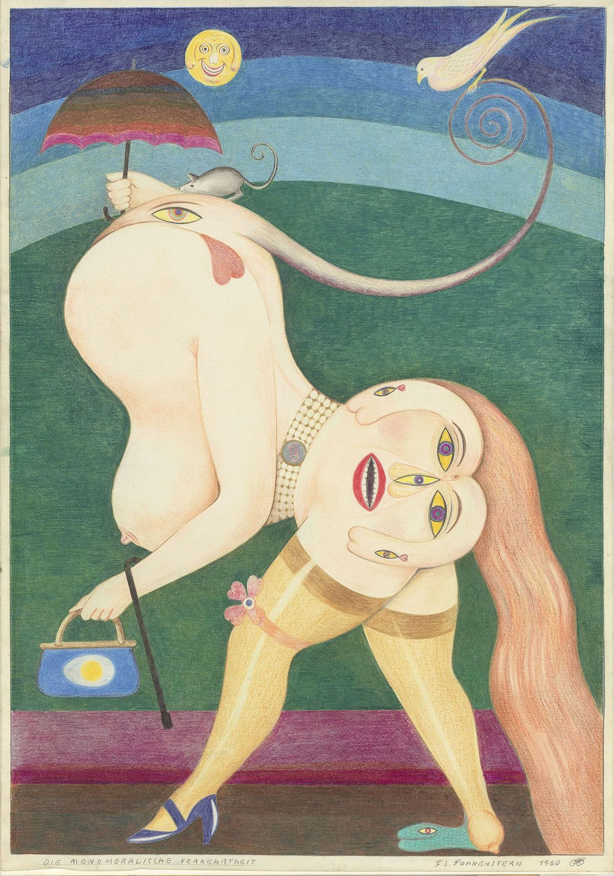 Friedrich Schröder-Sonnenstern
Die Mondmoralische Verkehrtheit
1960
Graphit, Farbstift auf Karton
Sammlung Zambo, Deutschland – Kunstmeile Krems
© Bildrecht, Wien 2025