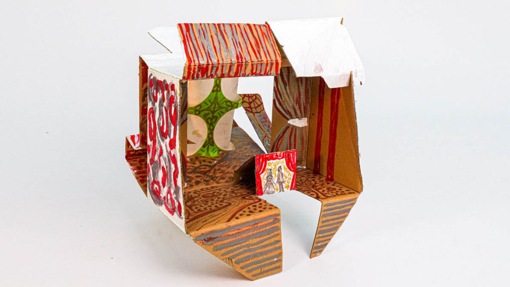 Luo Xinzi, Theatre, 2023, 41x41x22cm, cardboard, acrylic, mother of pearl powder, silver leaf