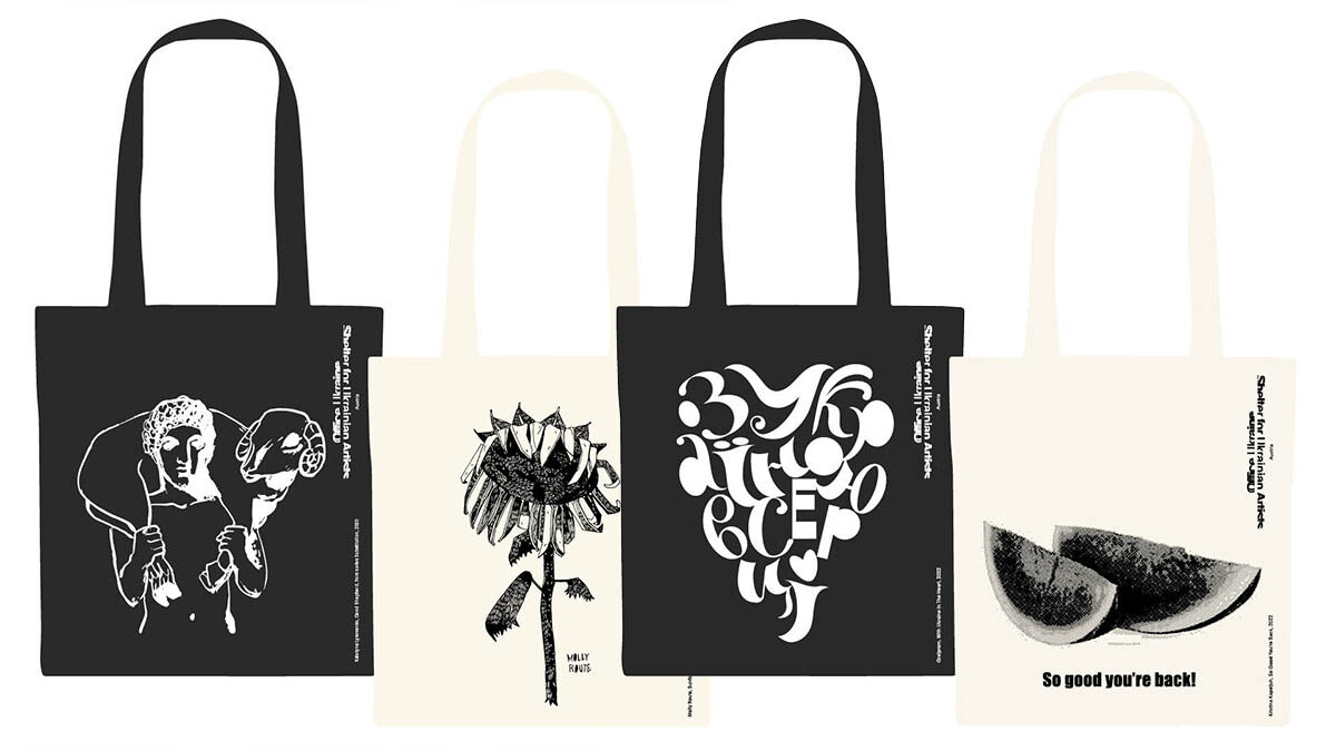 Bags by Ukrainian artists Kateryna Lysovenko, Good Shepherd, from the series Substitution, 2020 | Molly Route, Sunflower, 2022 | Grafprom, With Ukraine In The Heart, 2022 | Kristina Kapeljuh, So Good You’re Back, 2022