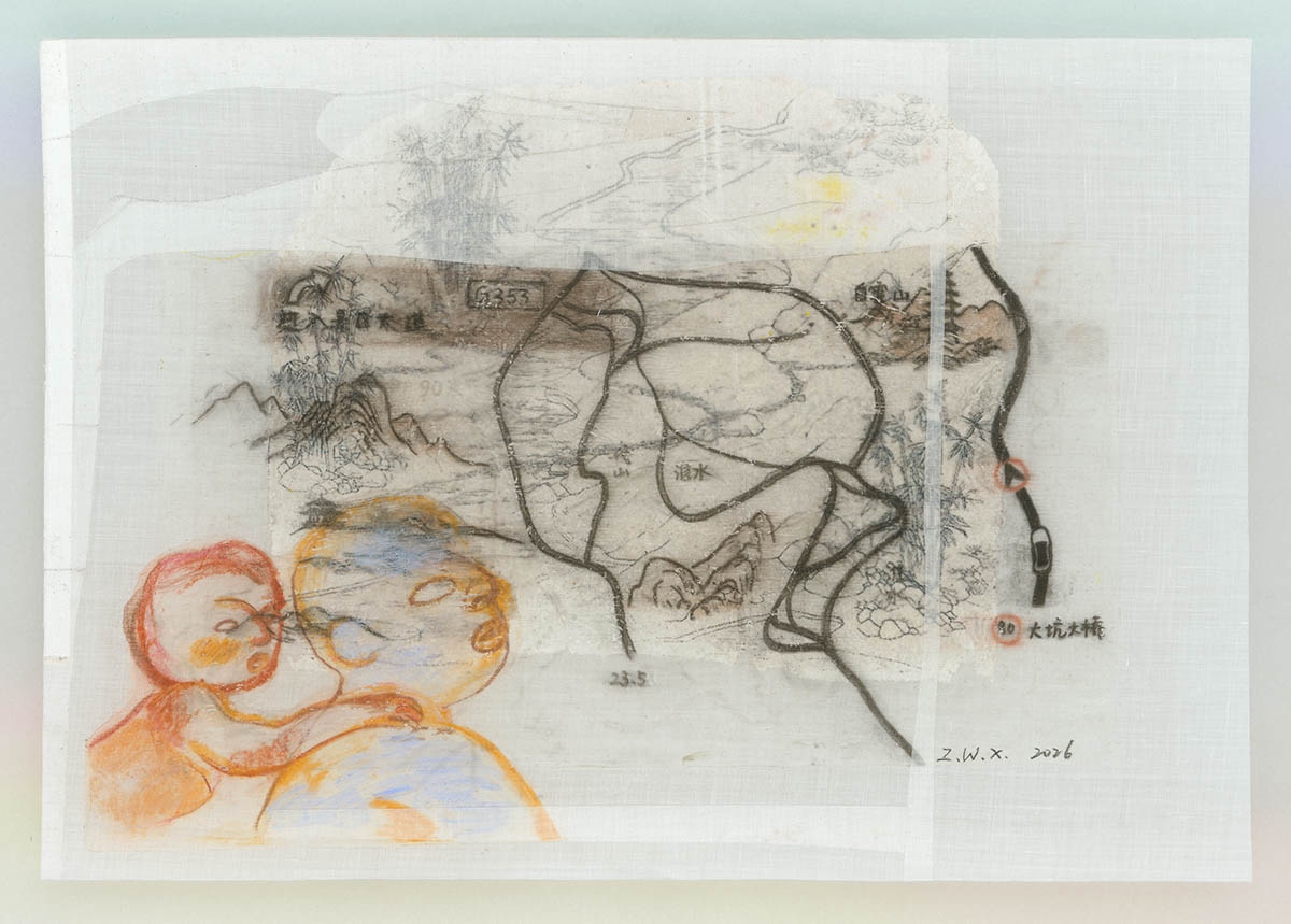 Wenxin Zheng, Life Journey - Travel, 2026. Rice paper, ink, acrylic, and pastel / Courtesy of the artist