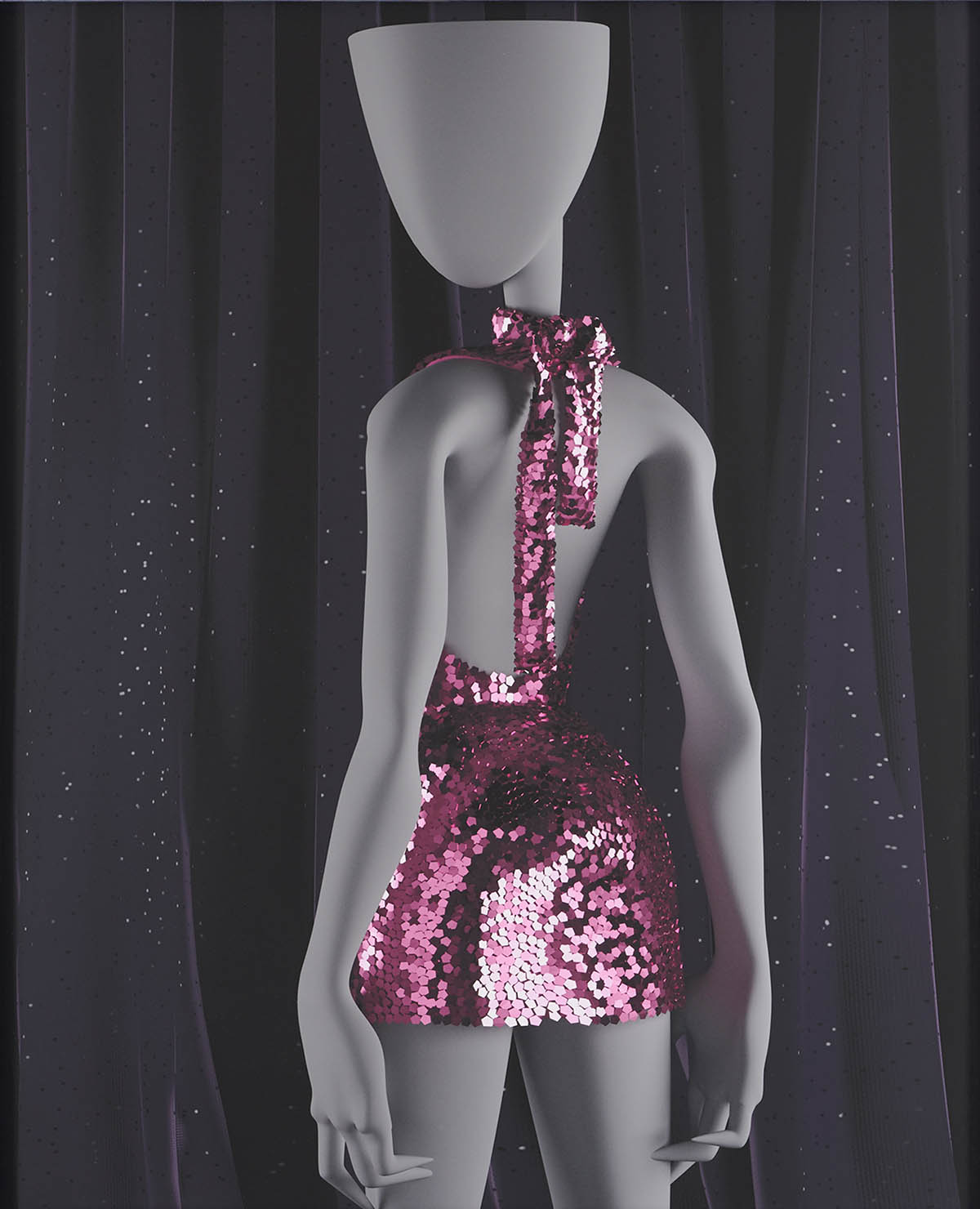 Bunny Rogers, Tom Ford sequin dress I (stand I), 2020Fine Art Print on Hahnemühle PhotoRag Ultrasmooth 305 g, silver plated artistframe, black silver142,3 x 117,5 x 4,5 cm (56,02 x 46,26 x 1,77 in)(BUR 1005). Courtesy Galerie Thaddaeus Ropac, London · Paris · Salzburg · Seoul © Bunny Rogers, 2021.