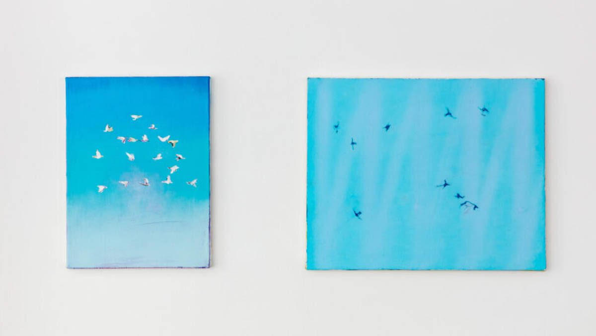 Time and motion study, 2021, Tempera and oil on canvas, 40 x 30 cm and Blue birds, 2021, Oil on canvas, 40 x 50 cm by Cătălin Petrișor at The Cholmondeley Ladies exhibition at Elizabeth Xi Bauer Gallery