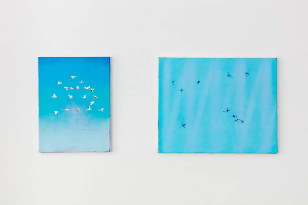 Time and motion study, 2021, Tempera and oil on canvas, 40 x 30 cm and Blue birds, 2021, Oil on canvas, 40 x 50 cm by Cătălin Petrișor at The Cholmondeley Ladies exhibition at Elizabeth Xi Bauer Gallery 