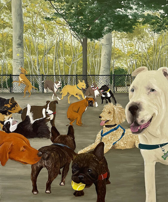 The dog park, 24x20”, oil on wood panel, 2022