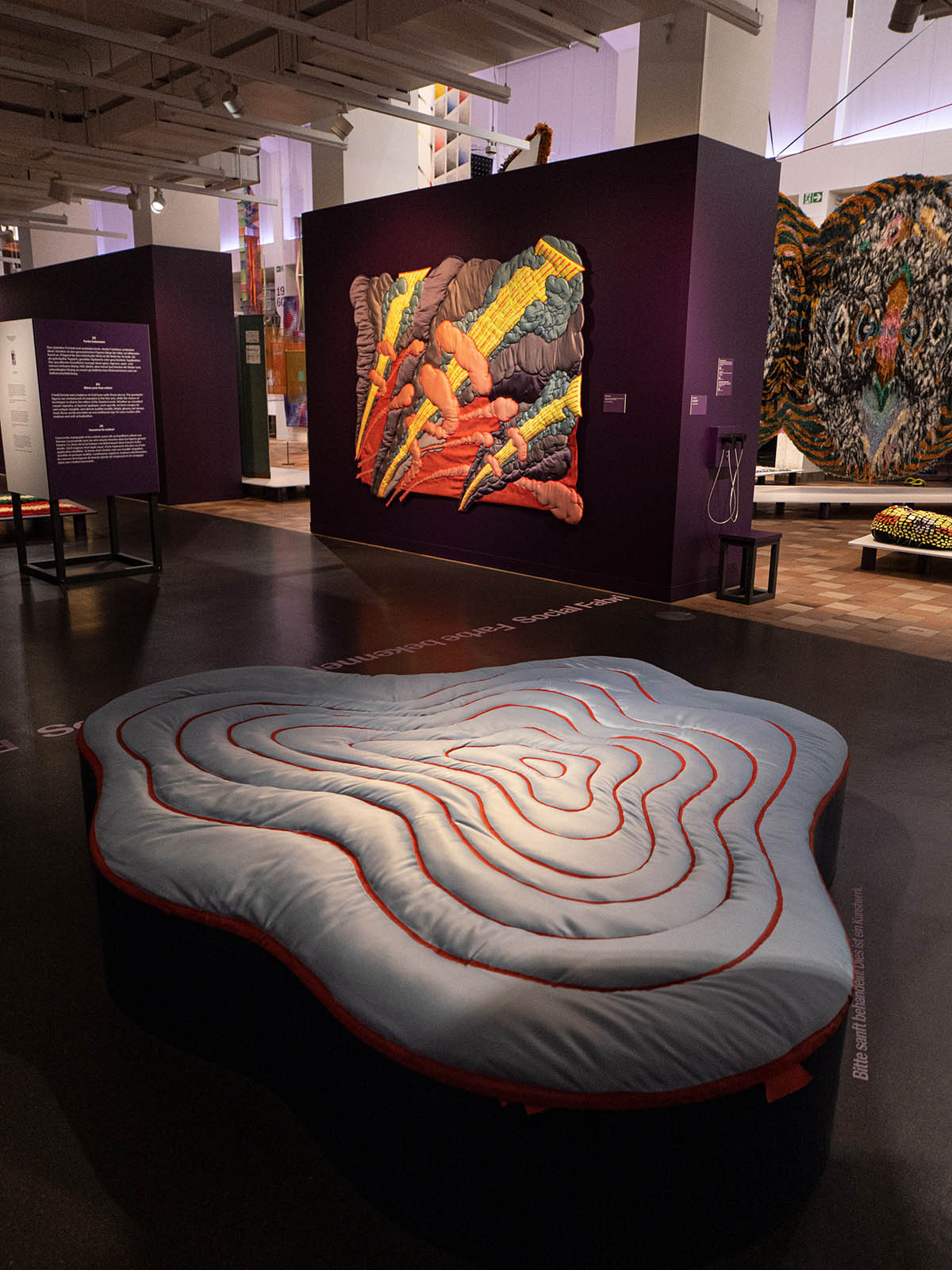 Exhibition shot No One Is an Island (2023)  and There’s a Crack in Everything (That’s How the Light Gets In) (2021) photo by Corinne Odermatt. Exhibition Textile Manifesto: From Bauhaus to Soft Sculpture at the Museum für Gestaltung, Zurich, 2025