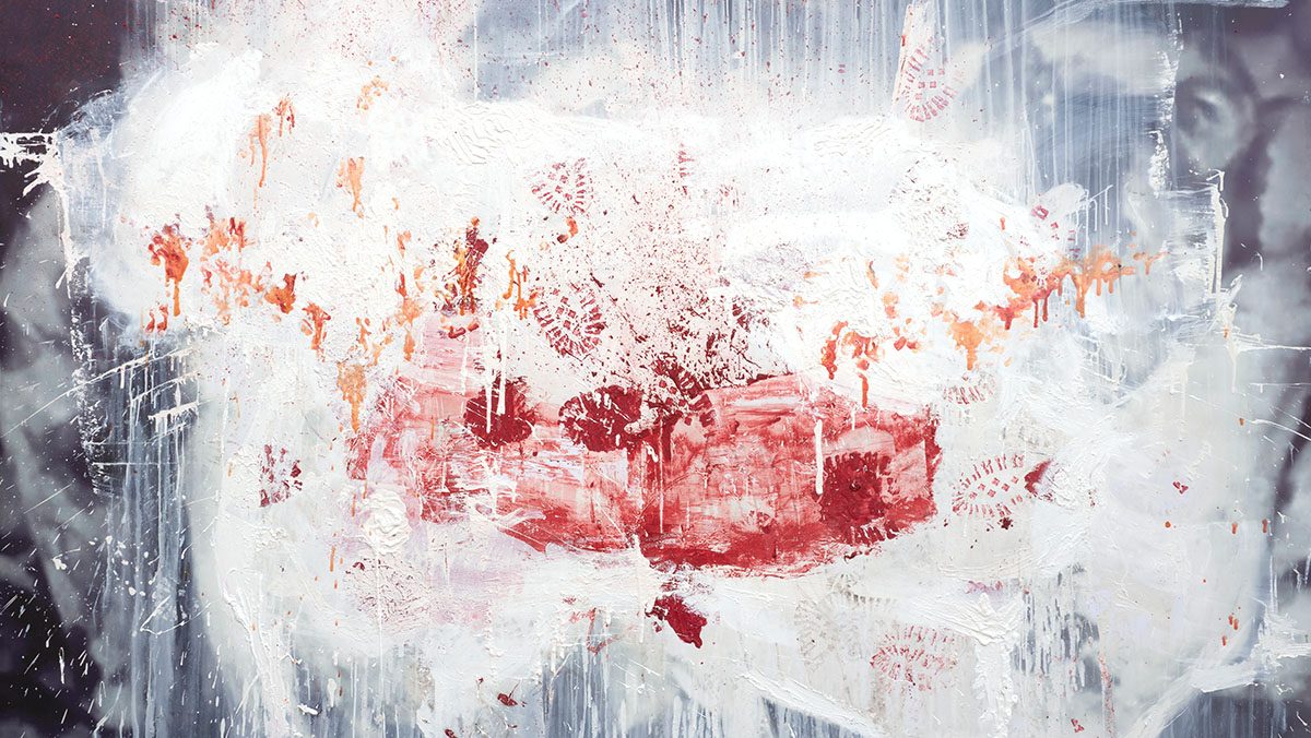 Daniel Spivakov, The Good and the Bad, the Ecstasy, the Remorse and Sorrow, the People and the Places and how the Weather Was (over massacre), 2021. oil, enamel on inkjet print on vinyl 200 x 250 cm