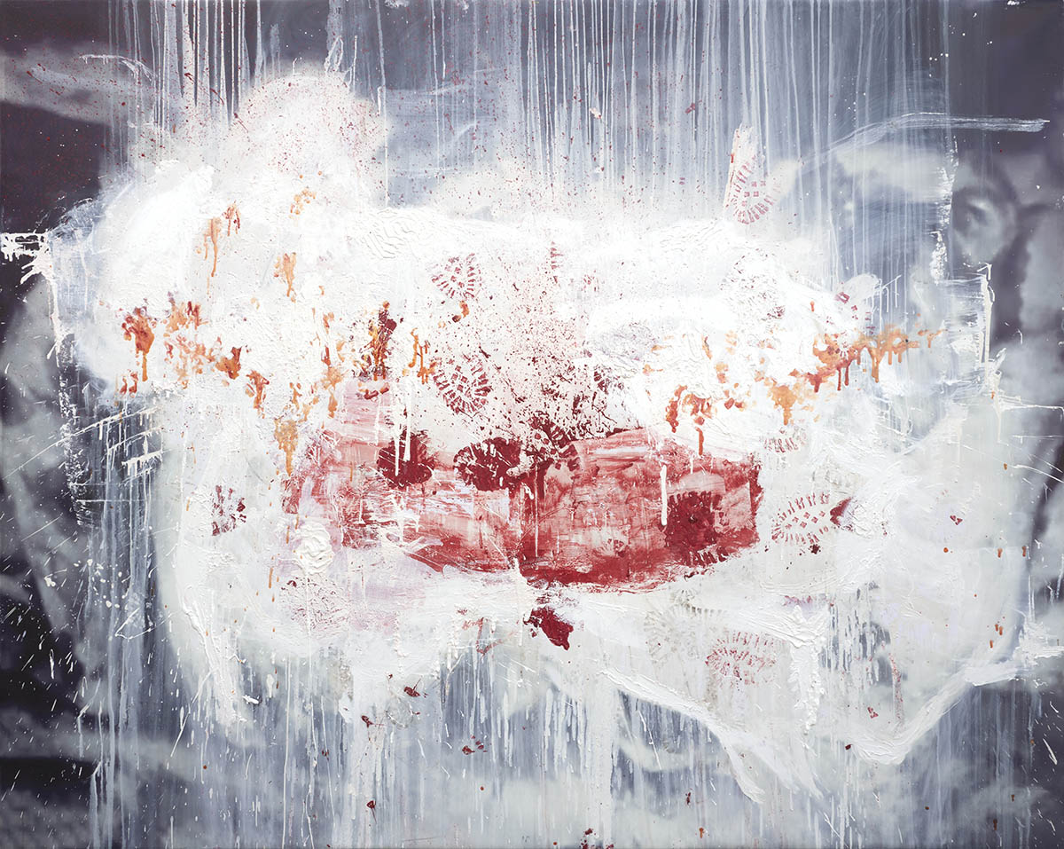 Daniel Spivakov, The Good and the Bad, the Ecstasy, the Remorse and Sorrow, the People and the Places and how the Weather Was (over massacre), 2021. oil, enamel on inkjet print on vinyl 200 x 250 cm