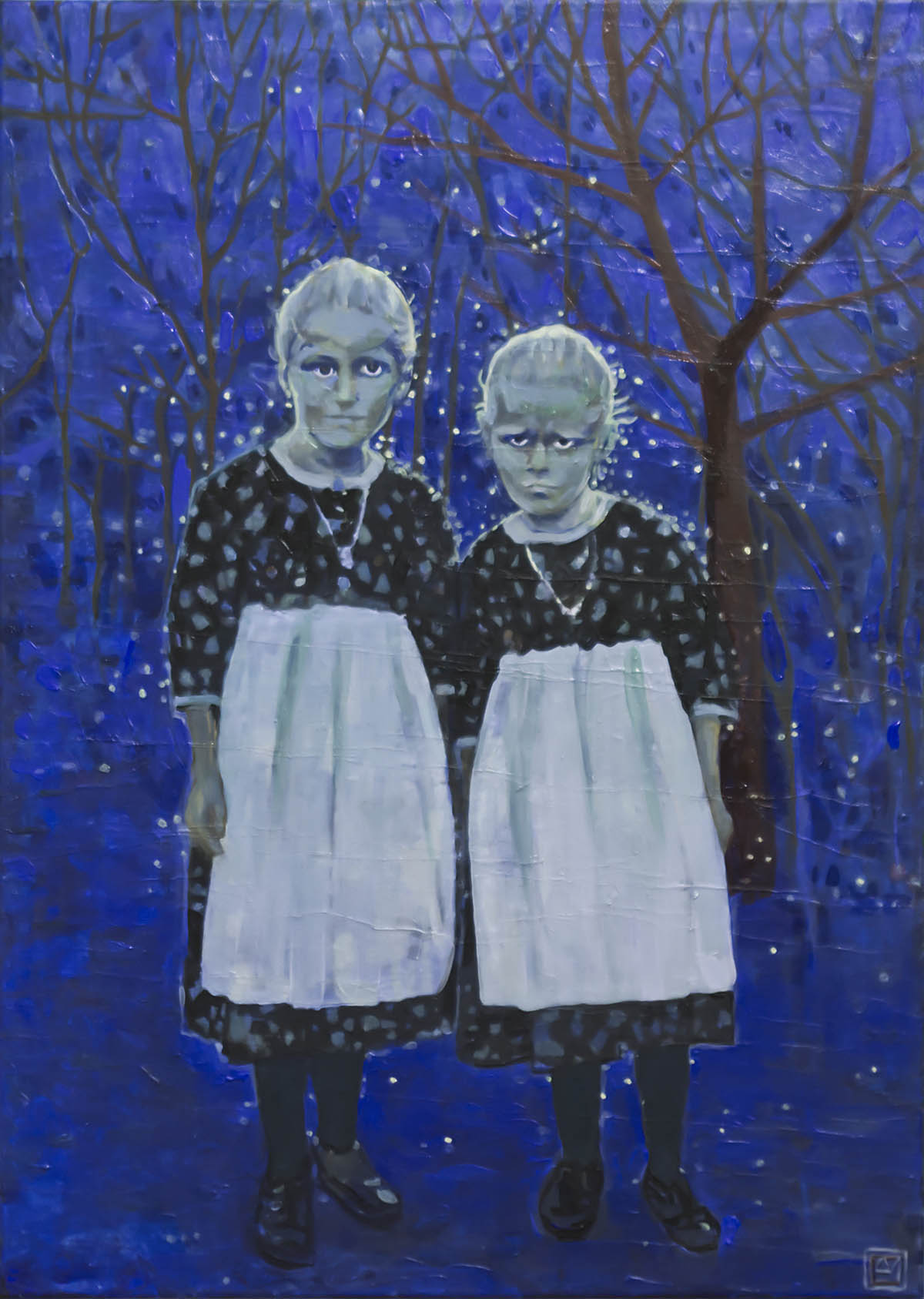 Elsa Martini, Am Rande des blauen Waldes, 2025. Acryl und medium auf Leinwand, 70 x 50 cm. Courtesy of the artist and smart fox Gallery. Ph: Andrés Vergara AKA Tato