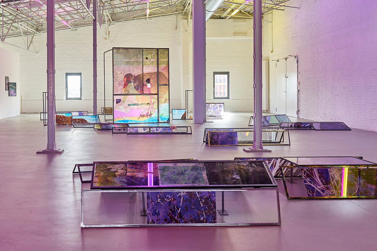 Euridice Zaituna Kala, Eutrophê: the wave (detail), 2025, iridescent metal frames, transfers on glass and metal, writing, engravings, seeds, glass. installation view Kunsthalle Münster 2026. Courtesy of the artist and galerie anne barrault. Photo: Moritz Hagedorn.