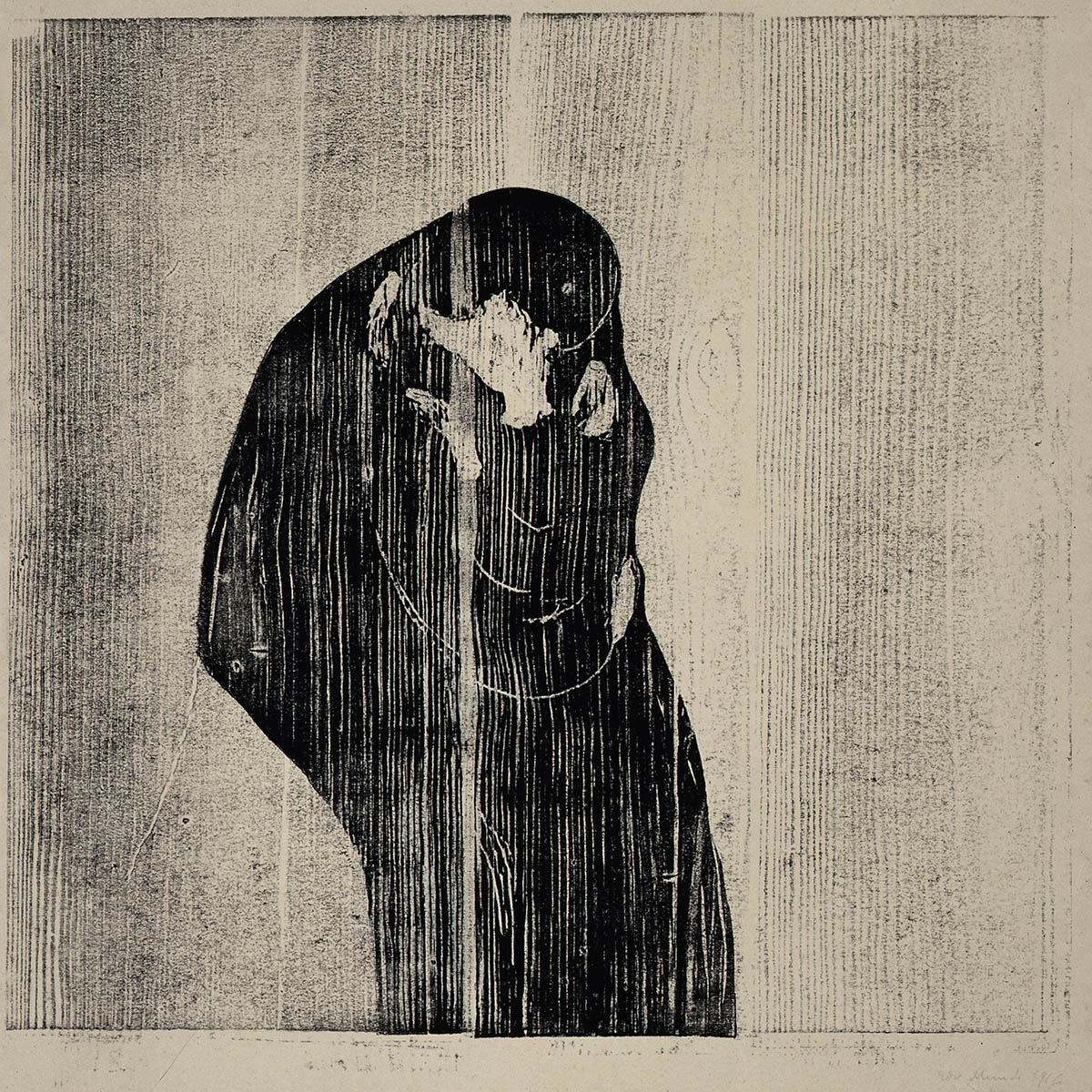 Edvard Munch, The Kiss (1902). Color woodcut, hand-pulled print, 63.6 × 54.3 cm. Kunstsammlung Reutlingen, Inv.-Nr. 10159.