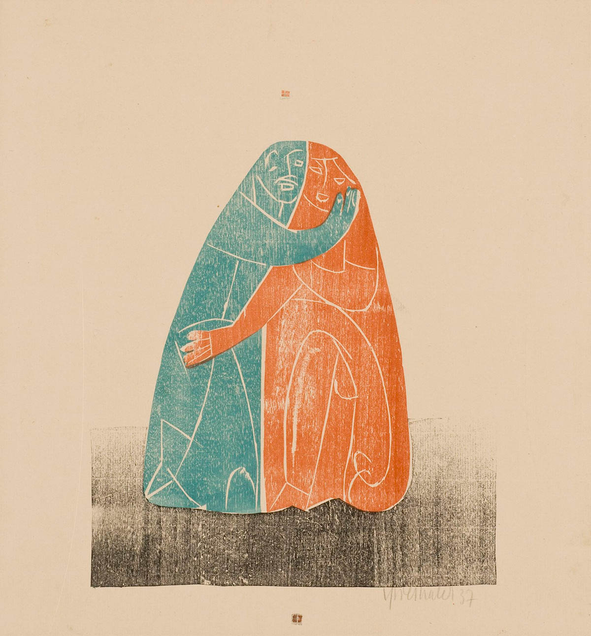 HAP Grieshaber, Paar (1937). Color woodcut, hand-pulled print, 50 × 40 cm. Kunstsammlung Reutlingen, © VG Bild-Kunst, Bonn 2026.