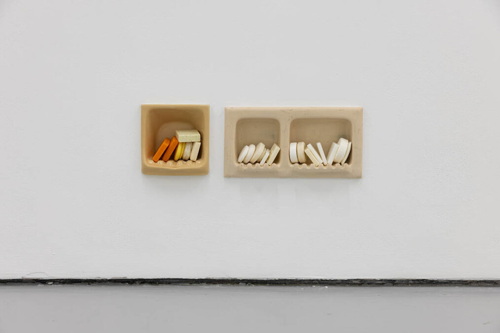 Nancy Lupo, The Repository (detail) (2026). 22 ceramic soap dishes and soaps. Installation view, Several Chickens Later, Spike Island, Bristol. Photograph by Rob Harris.