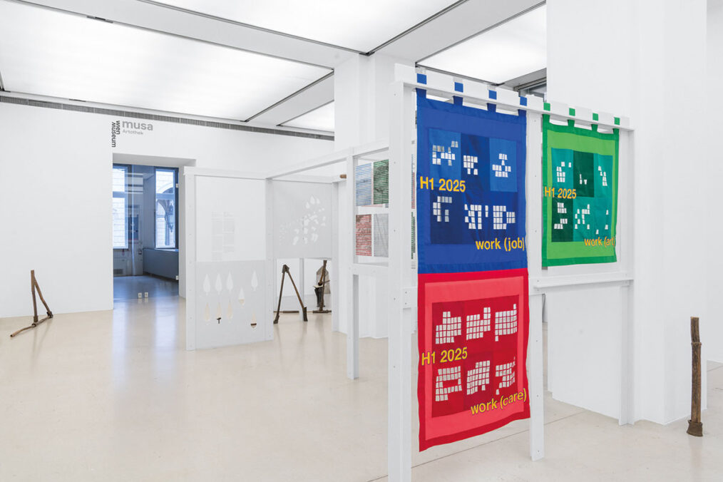 exhibition view. Society & Economy. Contemporary Positions on Otto Neurath. Curator: Jelena Micić. Arists: Vasilena Gankovska, Natalia Gurova, Florian Mayr, Mirko Nikolić. Wien Museum 2025. Photo: Klaus Pichler