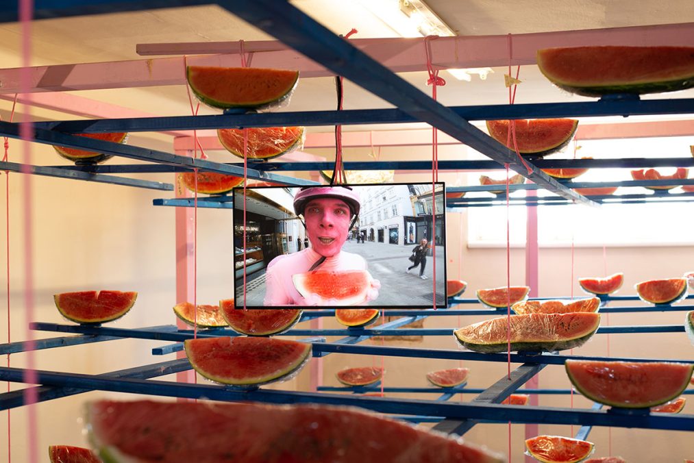 Installation view, People look at melons. Melons don’t look at people