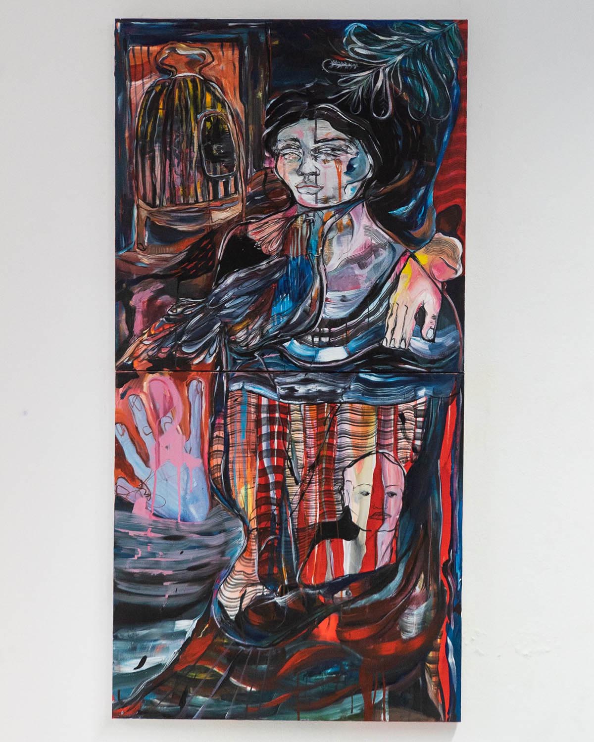Cage ouverte, 70cmx 140cm diptych acrylic and spray on canvas 2020