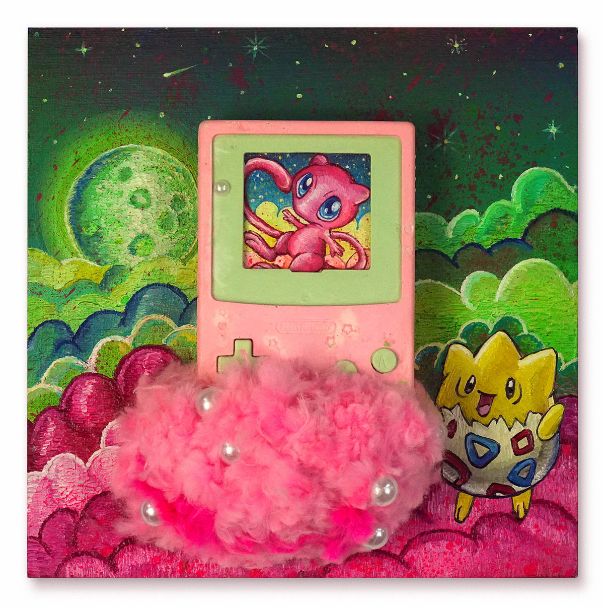 Mew, Togepi and the happy cloud Miguel Scheroff ft. Ira Torres 20 x 20 x 7 cm Oil, acrylic resin, fabric, fake pearls, methacrylate, wood, porex.