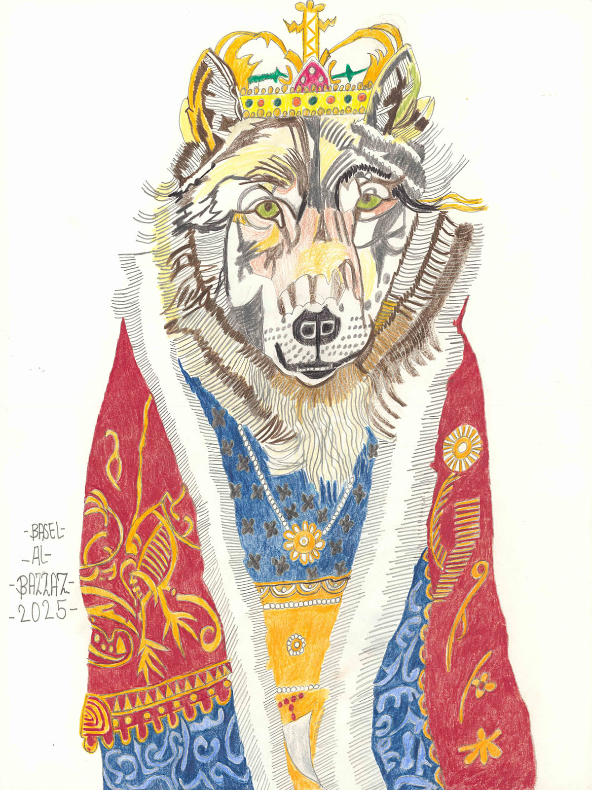 Basel Al-Bazzaz, His Majesty the Wolf, 2025, pencil and coloured pencils on paper, 56 × 42 cm. Courtesy galerie gugging
