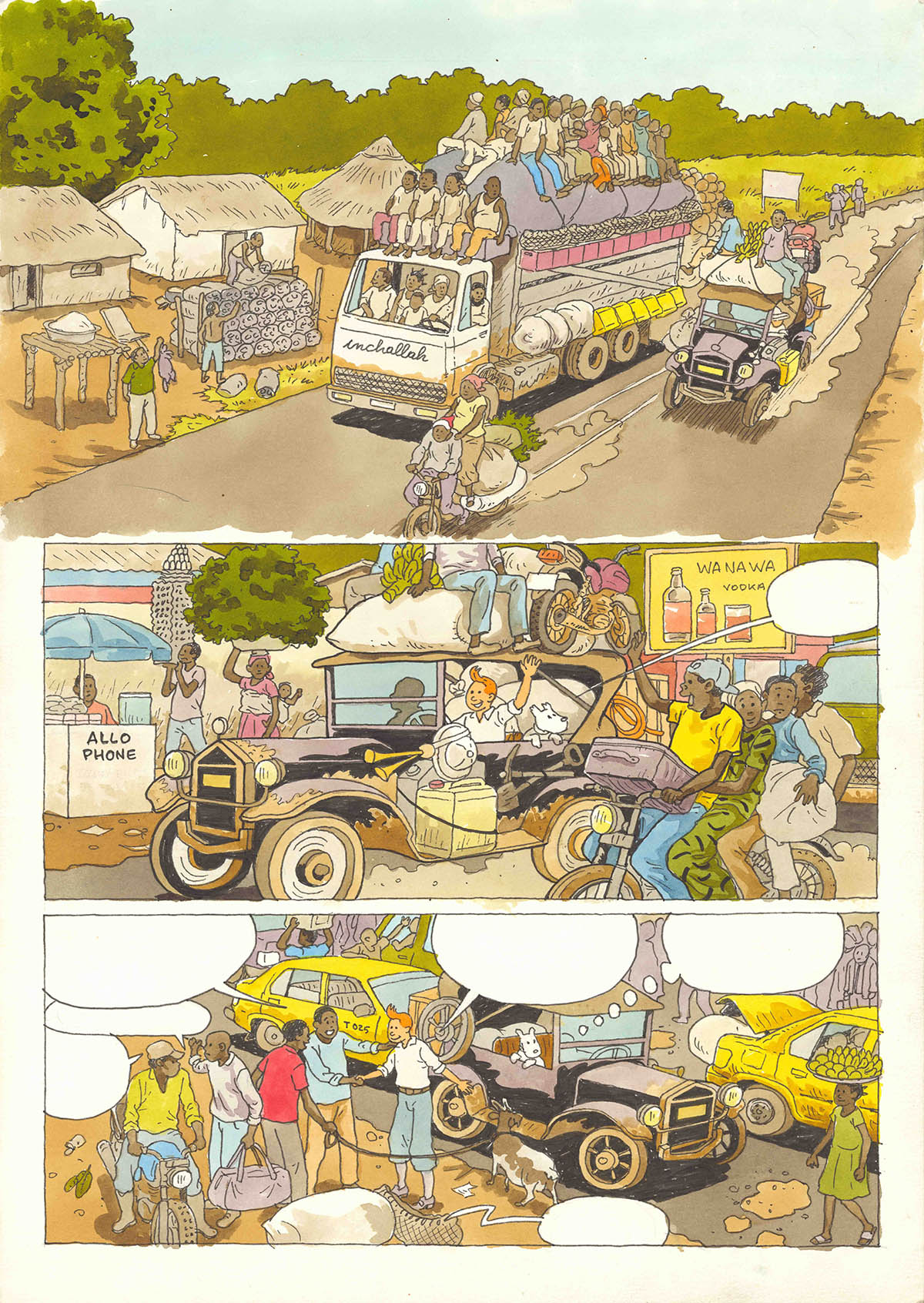 Didier Kassaï, Tintin in Central Africa, n. d., mixed media on paper, 42 × 29.7 cm © Didier Kassaï