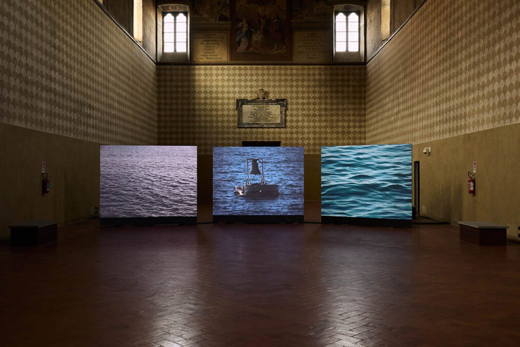 Adrian Paci The Bell Tolls Upon the Waves 2024 three-channel video installation installation view: “No Man is an Island”, Corsie Sistine, Complesso Santo Spirito, Rome, 2025 Photo: Francesco Gili Courtesy the artist and kaufmann repetto Milan / New York