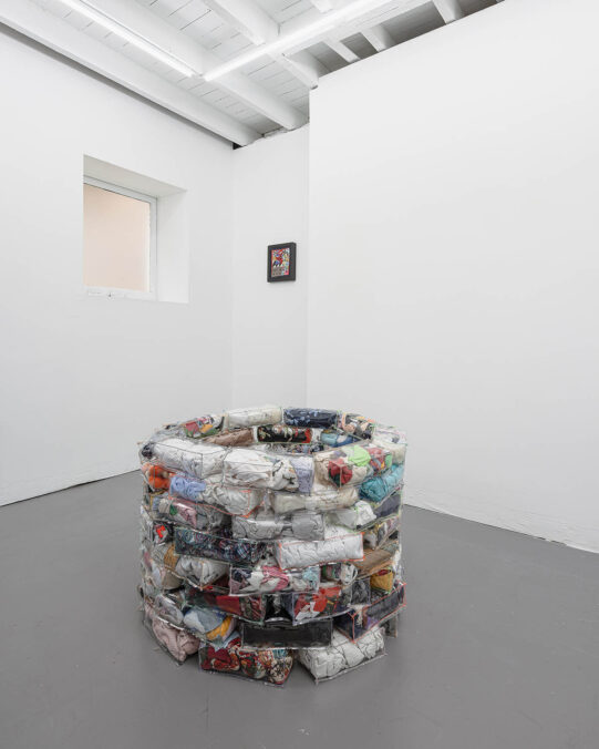 Amelia Skelton, Bricks (Well), 2023. Fabric from artist’s studio, vinyl, thread. 95 x 95 x 65 cm. Installation view, Some things last a long time, Nasha Gallery, Sydney. Photo: Document Photography