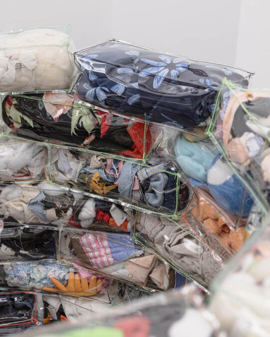 Amelia Skelton, Bricks (Well), 2023. Fabric from artist’s studio, vinyl, thread. 95 x 95 x 65 cm. Some things last a long time, Nasha Gallery, Sydney. Photo: Document Photography