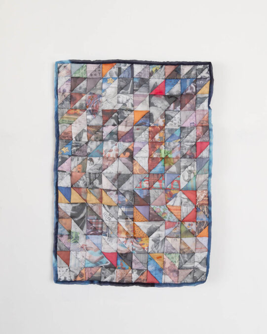 Amelia Skelton, Bedrock, 2025, Digital print on Chicago Voile, wadding, thread, found fabric, 112 x 79 cm. A thousand attics, Nasha Gallery, Sydney. Photo: Hamish McIntosh.