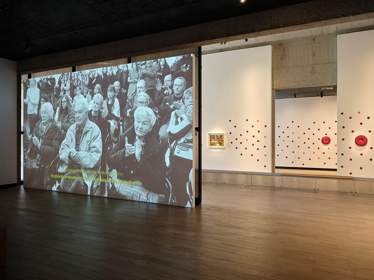 Exhibition view, Memory of Touch: Chapter I (The Kunsthalle Praha Collection in Dialogue), Jiří Černický, Tears for Ethiopia (The Meteorology of Compassion: Mental Charity), 1993–1994/2021–2022 (front),. Photo Vojtěch Veškrna.