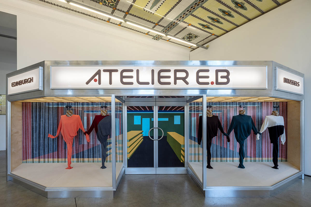 Atelier E.B. (Beca Lipscombe & Lucy McKenzie) Faux Sports Shop, 2024 Acrylic and oil on canvas, steel, wood, Perspex, aluminum, and textiles. Courtesy of Atelier E.B. and Galerie Buchholz Berlin/Cologne/New York. Lucy McKenzie, Orchestrion, fjk3—Contemporary Art Space, 2025. Photo: Lisa Rastl