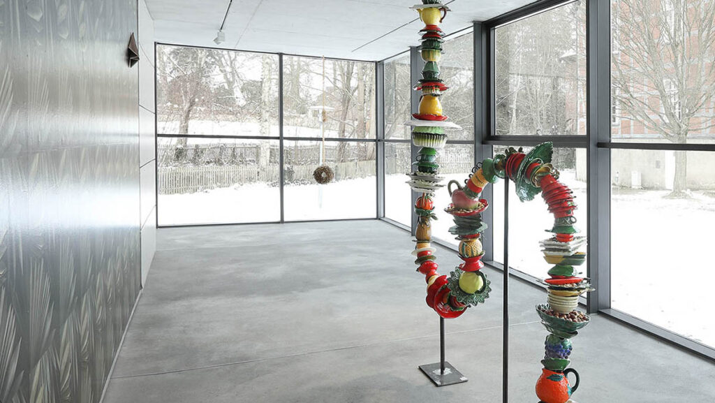 Marrow Of My Bones, Ceramic, Metal, Nuts, Wallpaper, 2021. Installation Shot: You Are What you Eat Mhmm Nuts, Galerie Wassermühle Trittau. Photo: Hayo Heye