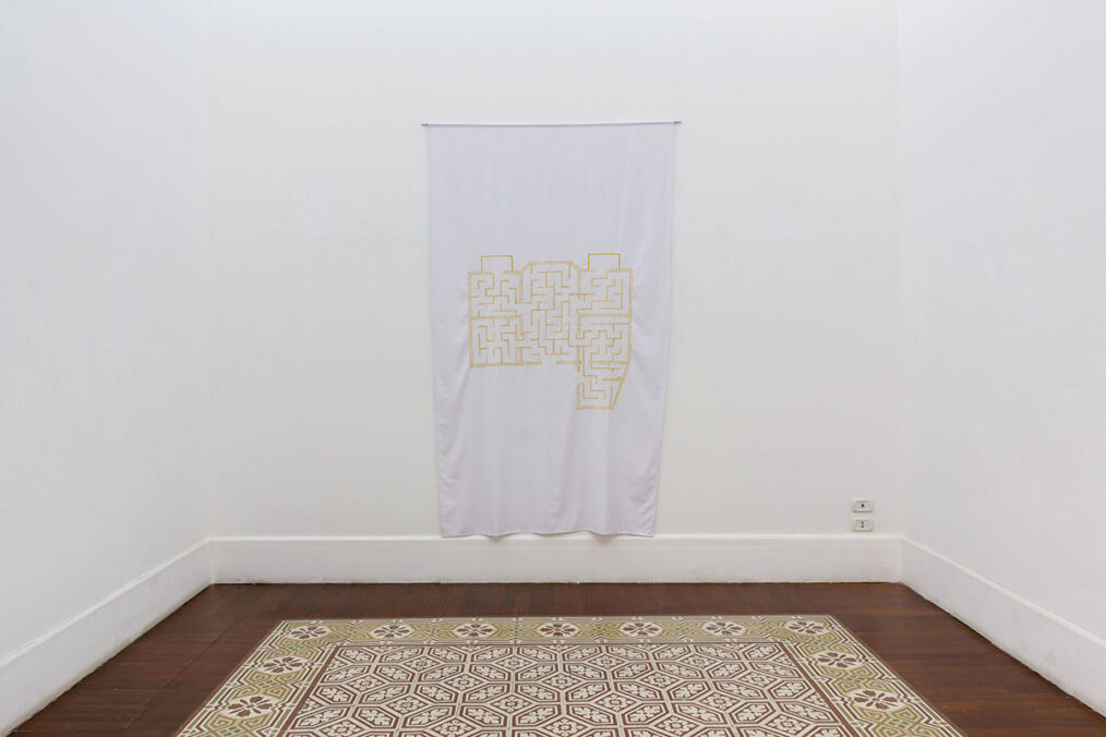 We've Been Swallowed by Our Houses, 2020 Aghabani embroidery on cotton cloth 240 X 140 cm, variation 2/3