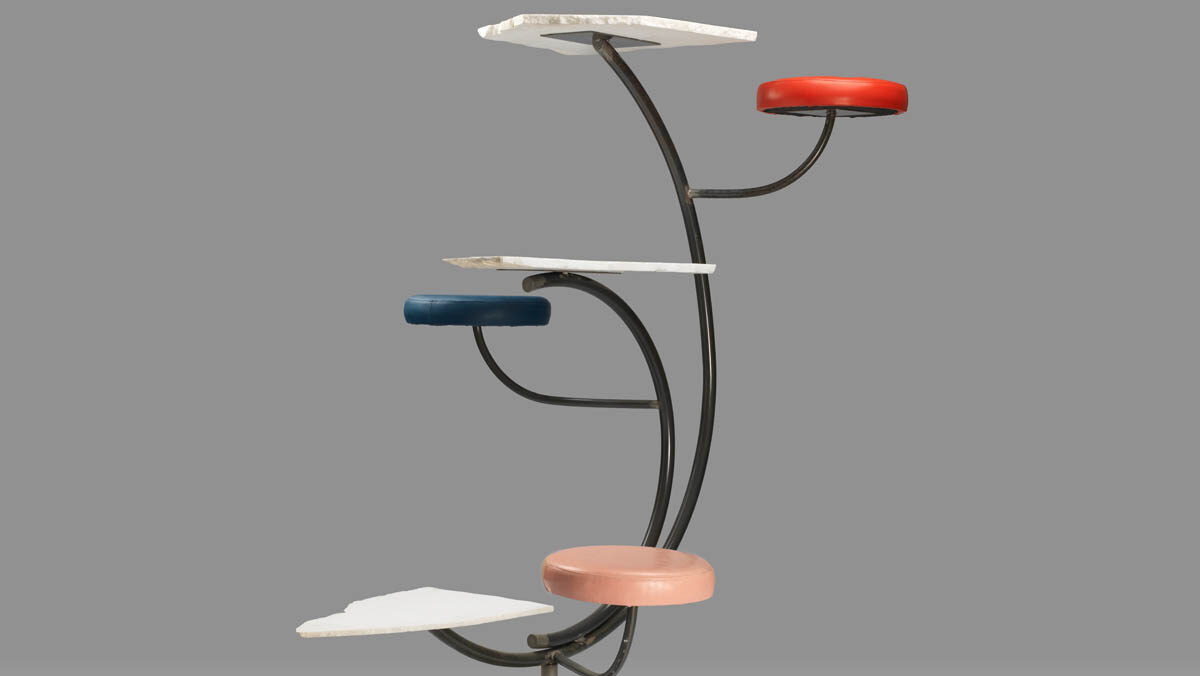 Vasilis Papageorgiou, Triplebar, 2019, marble, steel, leather, cast bronze, 170x140x113 cm, photo by Stathis Mamalakis 