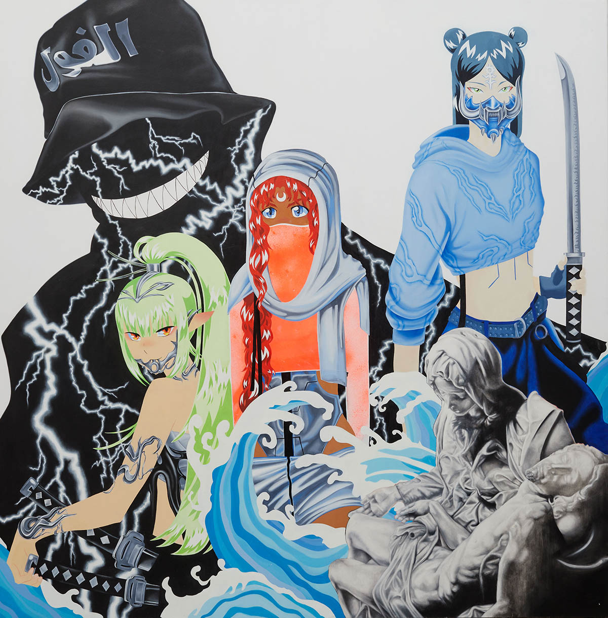 Warriors Oil and fluor spray on wood 150x150 cm