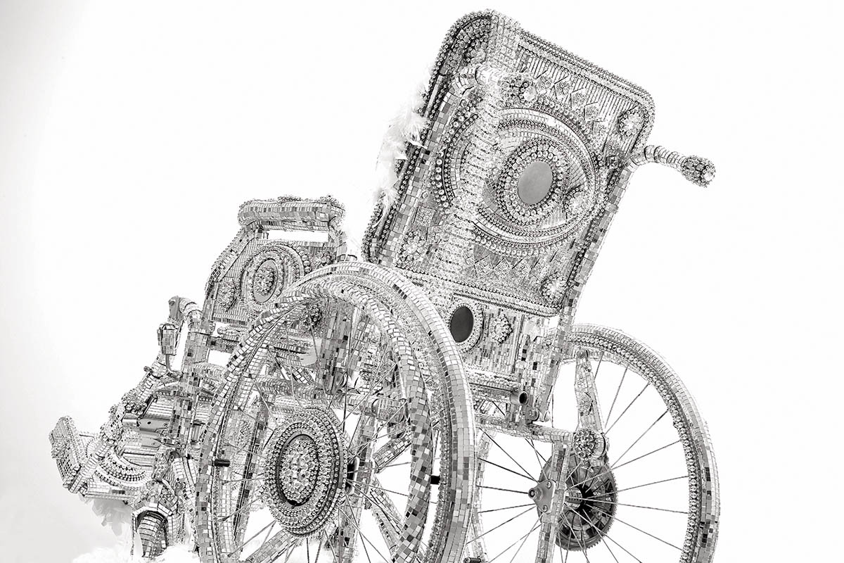 Wheelchair, 2003 mirrored glass, pearl beads, feathers, casters