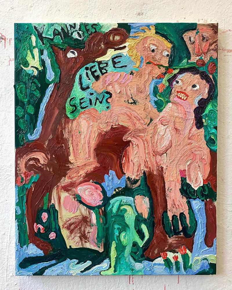 Erotischer Ausritt auf Hengst mit Hengst (und ungewolltem Spanner), 100 cm x 80 cm, oil and varnish on canvas