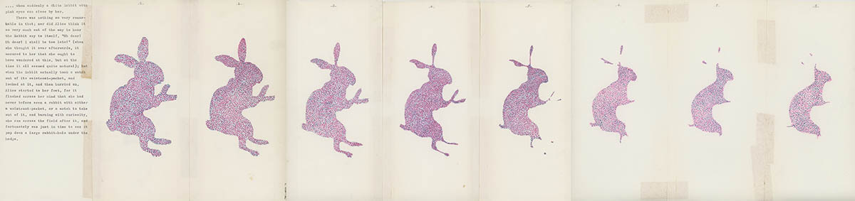 Jacqueline Mesmaeker, Lapin (when suddenly a White Rabbit with pink eyes ran close by her) (Detail), 1974, Mischtechnik auf Papier © Privatsammlung, Estate Jacqueline Mesmaeker