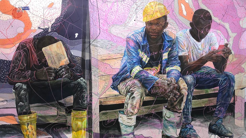 JEAN DAVID NKOT ##/@tiredbody##, Acrylic, posca, collage and silkscreen printing on canvas 200 x 300 cm, 2021