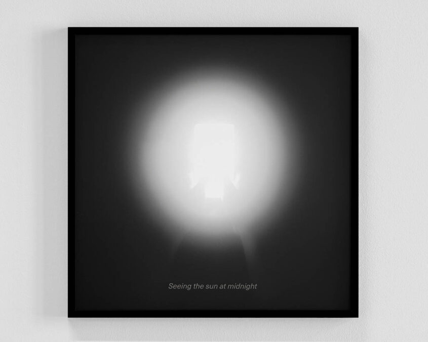 Seeing the Sun at Midnight, 2023, Lightjet print on fiber-based Baryta paper, engraving on plexiglass, wooden frame