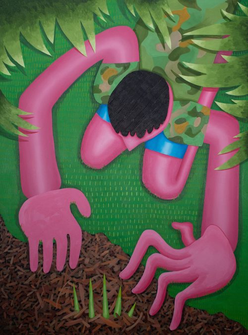 Mulch around the Hostas, 2021 Oil and acrylic, 41x55 inches