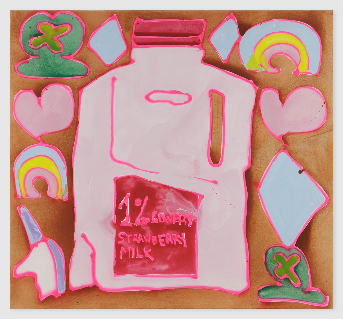 Katherine Bernhardt, Strawberry, 2023, Acrylic and spray paint on canvas, 72 x 78 inches, 182.9 x 198.1 cm, BERKA0515. © Katherine Bernhardt. Courtesy the Artist, David Zwirner, and Canada.