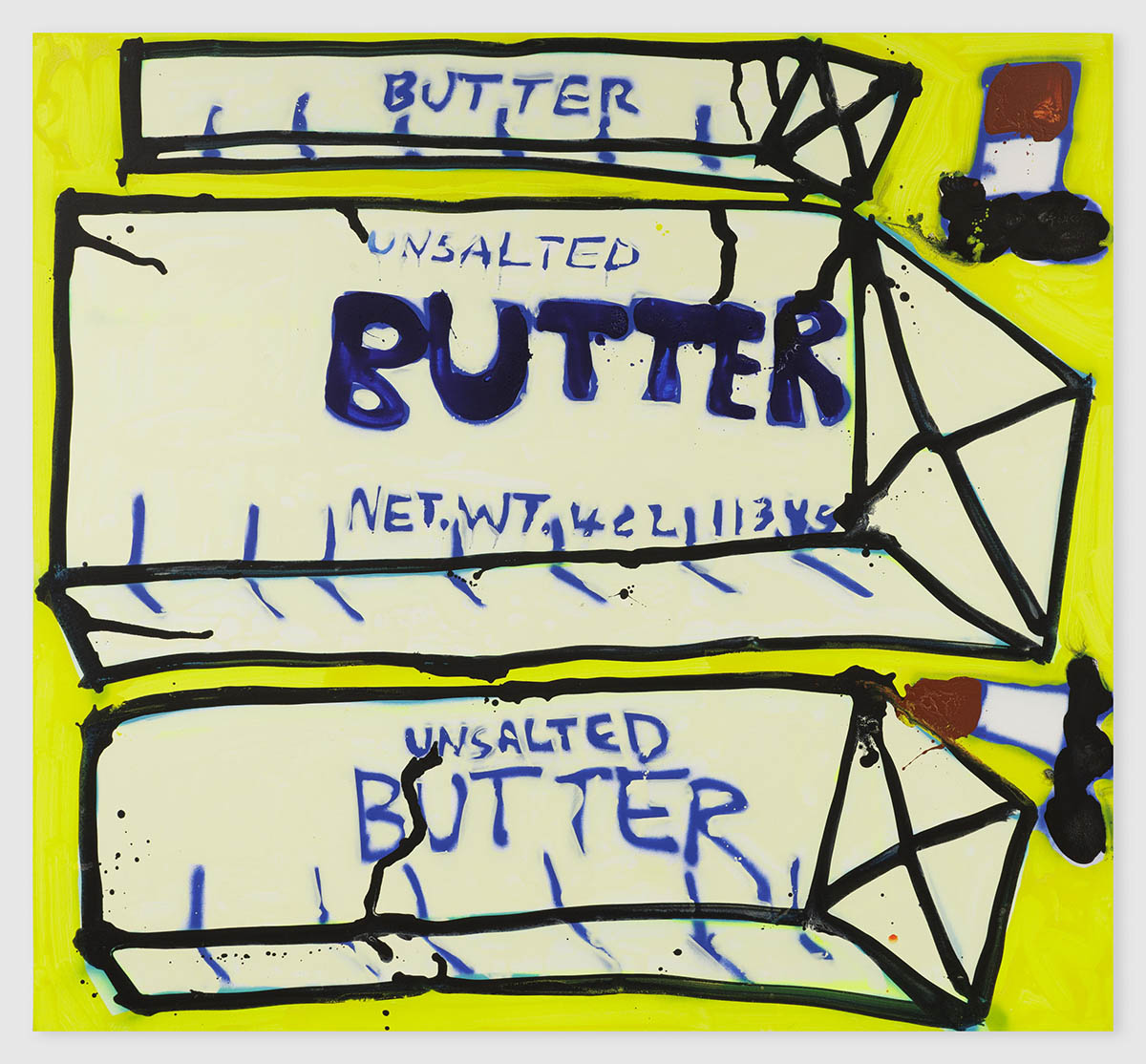 Katherine Bernhardt, Butter Butter Butter, 2024, Acrylic and spray paint on canvas, 72 x 78 inches, 182.9 x 198.1 cm, BERKA0684. © Katherine Bernhardt. Courtesy the Artist, David Zwirner, and Canada.