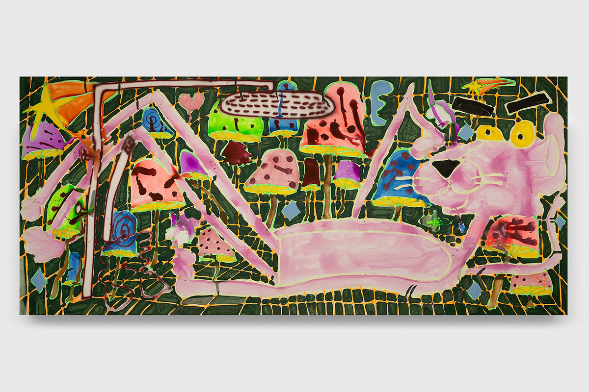 Katherine Bernhardt, Enoki, 2025, Acrylic and spray paint on canvas, 120 x 276 inches, 304.8 x 701 cm, signed, titled, and dated verso – BERKA0699. © Katherine Bernhardt. Courtesy the Artist, David Zwirner, and Canada.