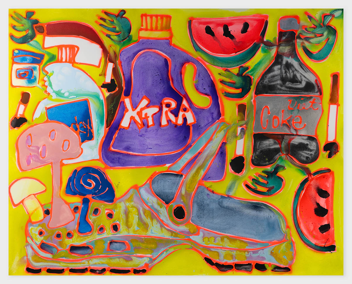 Katherine Bernhardt, Xtra, 2025, Acrylic and spray paint on canvas, 96 x 120 inches, 243.8 x 304.8 cm, BERKA0861. © Katherine Bernhardt. Courtesy the Artist, David Zwirner, and Canada.