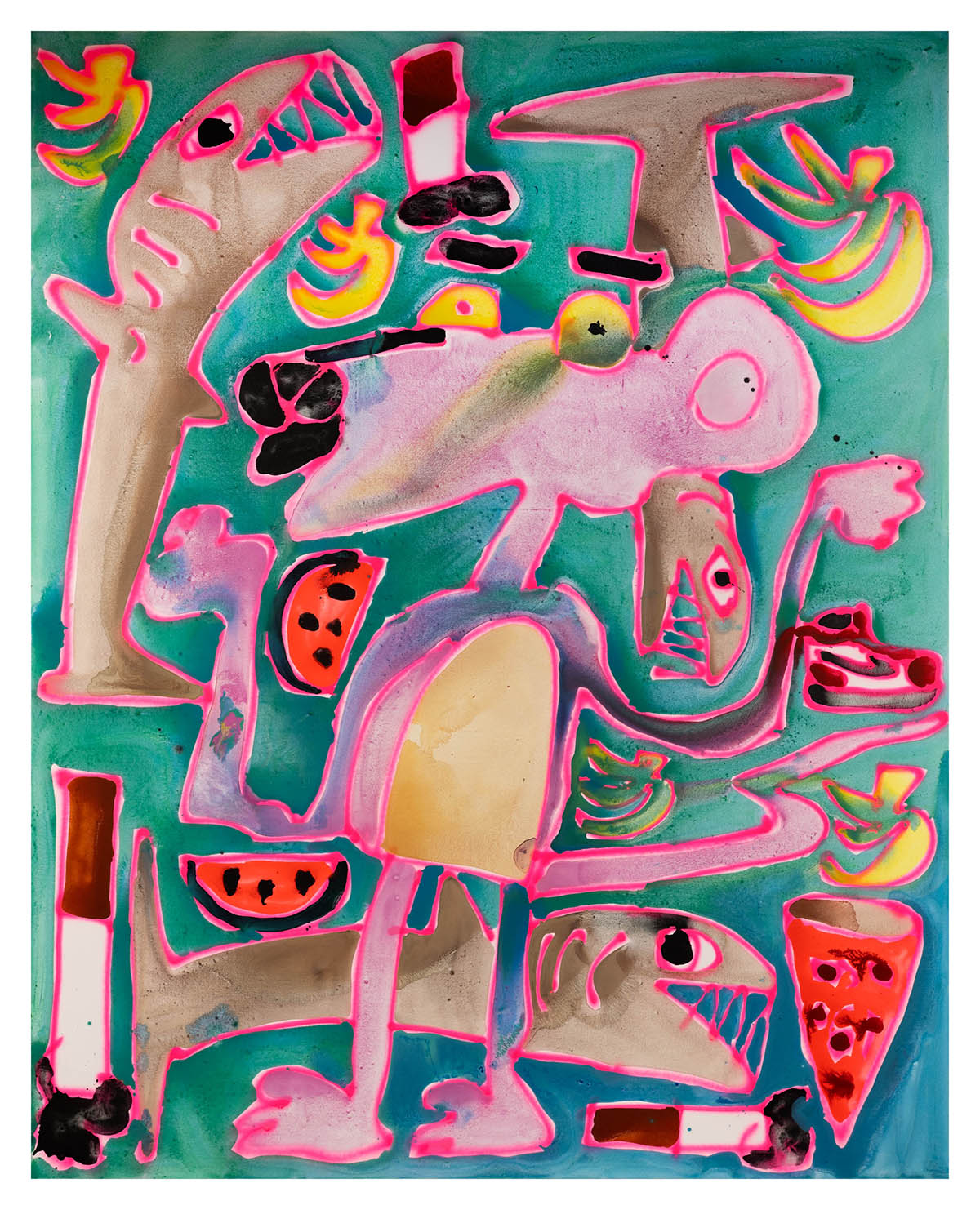 Katherine Bernhardt, Stoked, 2025, Acrylic and spray paint on canvas, 120 x 96 inches, 304.8 x 243.8 cm, BERKA0862. © Katherine Bernhardt. Courtesy the Artist, David Zwirner, and Canada.